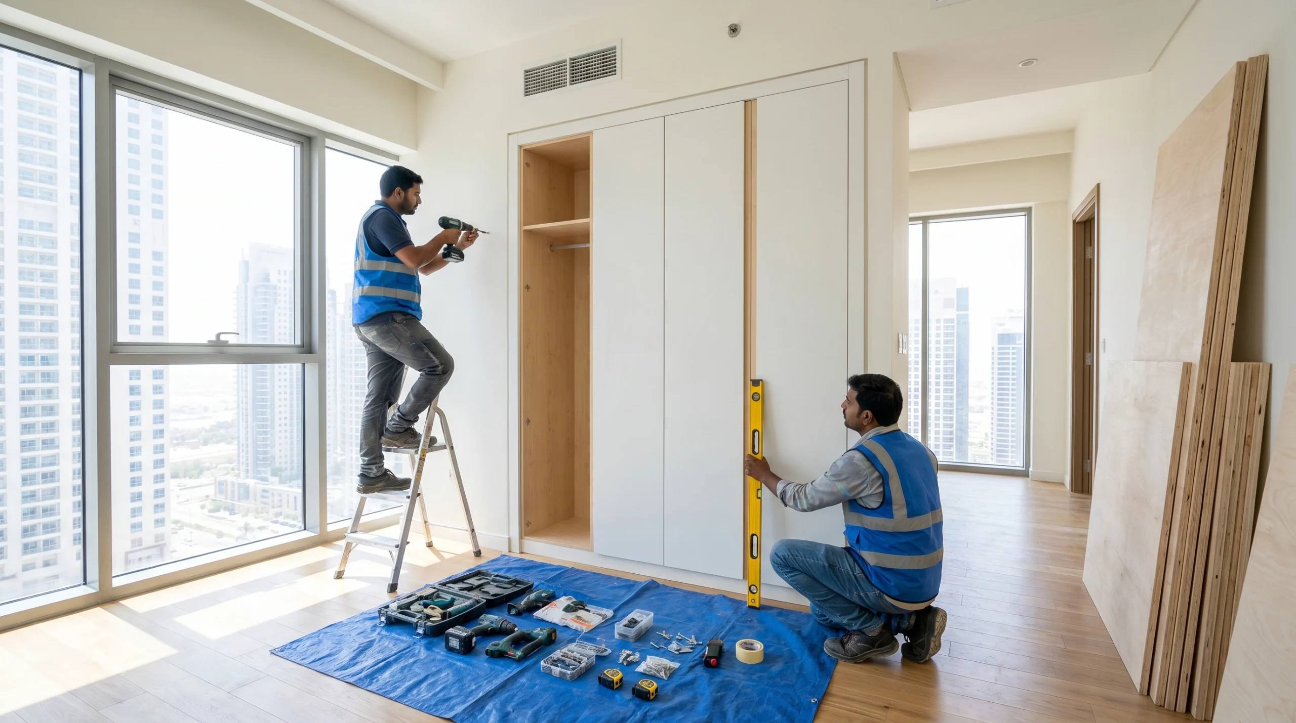  Professional wardrobe installation team fitting built-in wardrobe in Dubai apartment 