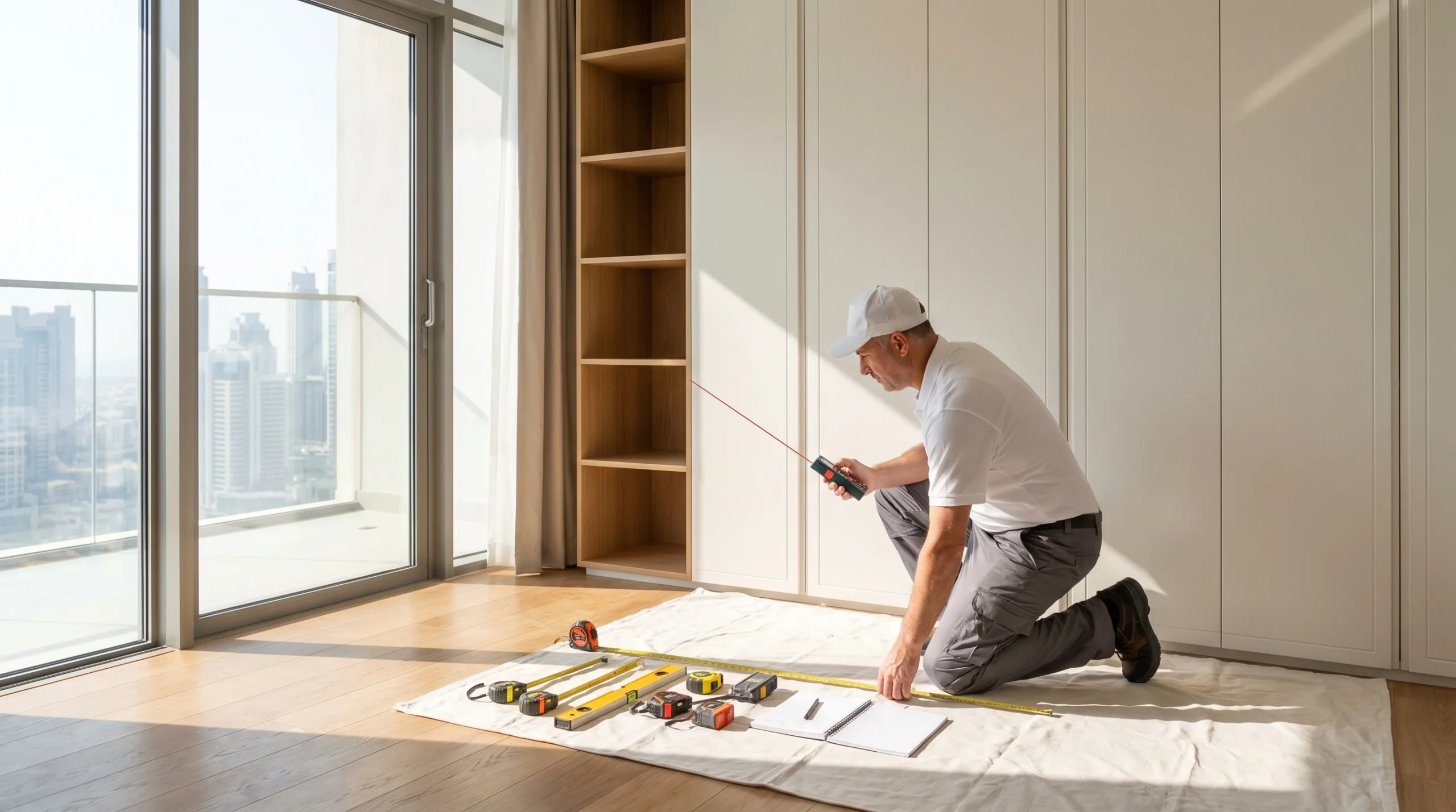 Wardrobe installation process Dubai, carpenter measuring bedroom wall for built-in wardrobe