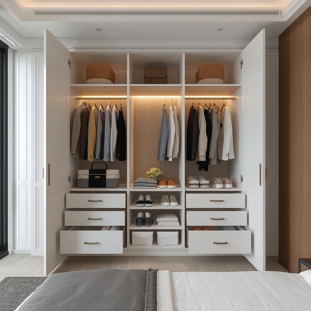 Wardrobe interior fittings in a Dubai apartment showing hanging rails, drawers and shoe shelving by Karnak Carpentry