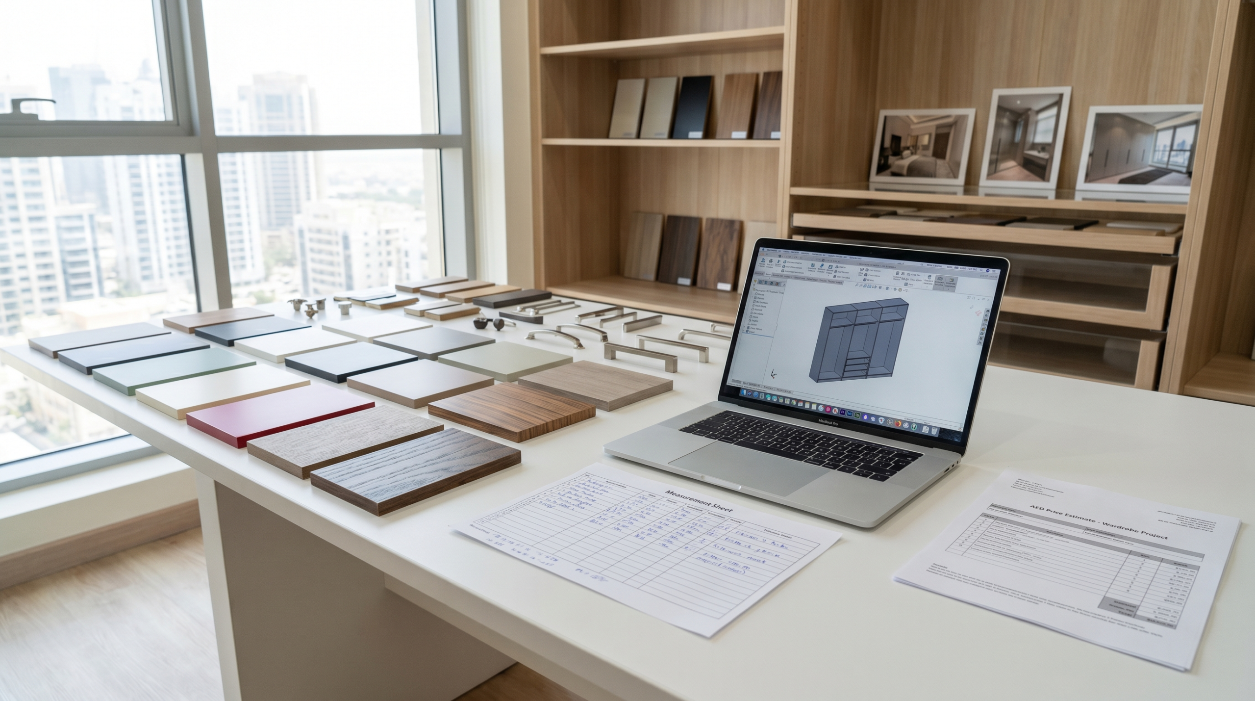 Built-in wardrobe measurement consultation and cost estimate review at a Dubai carpentry showroom