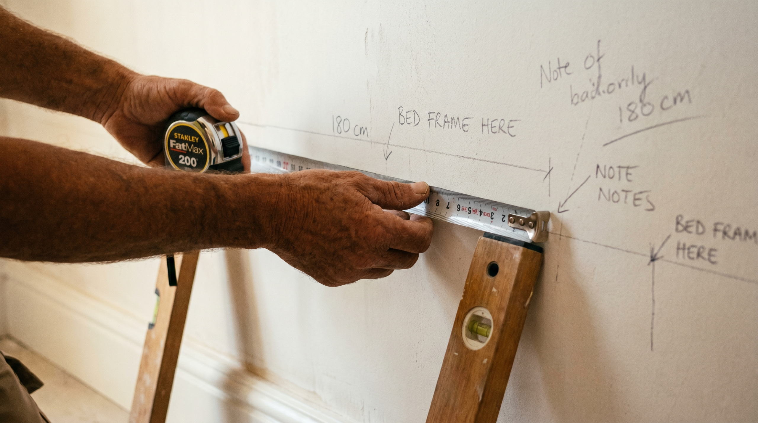 Step-by-step process of measuring wall for built-in wardrobes in Dubai using steel tape measure and spirit level