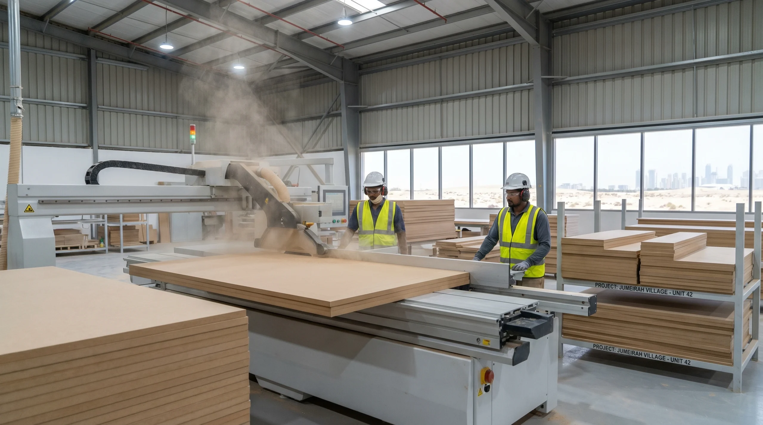 Wardrobe panels being precision cut in Karnak Carpentry's Dubai workshop for UAE installation 