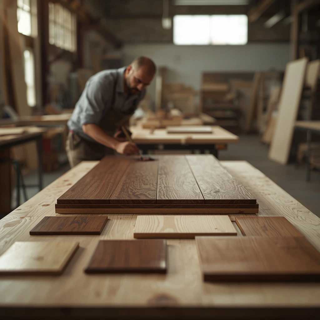 Wood finishing options UAE showing paint stain lacquer and oil samples in Dubai workshop