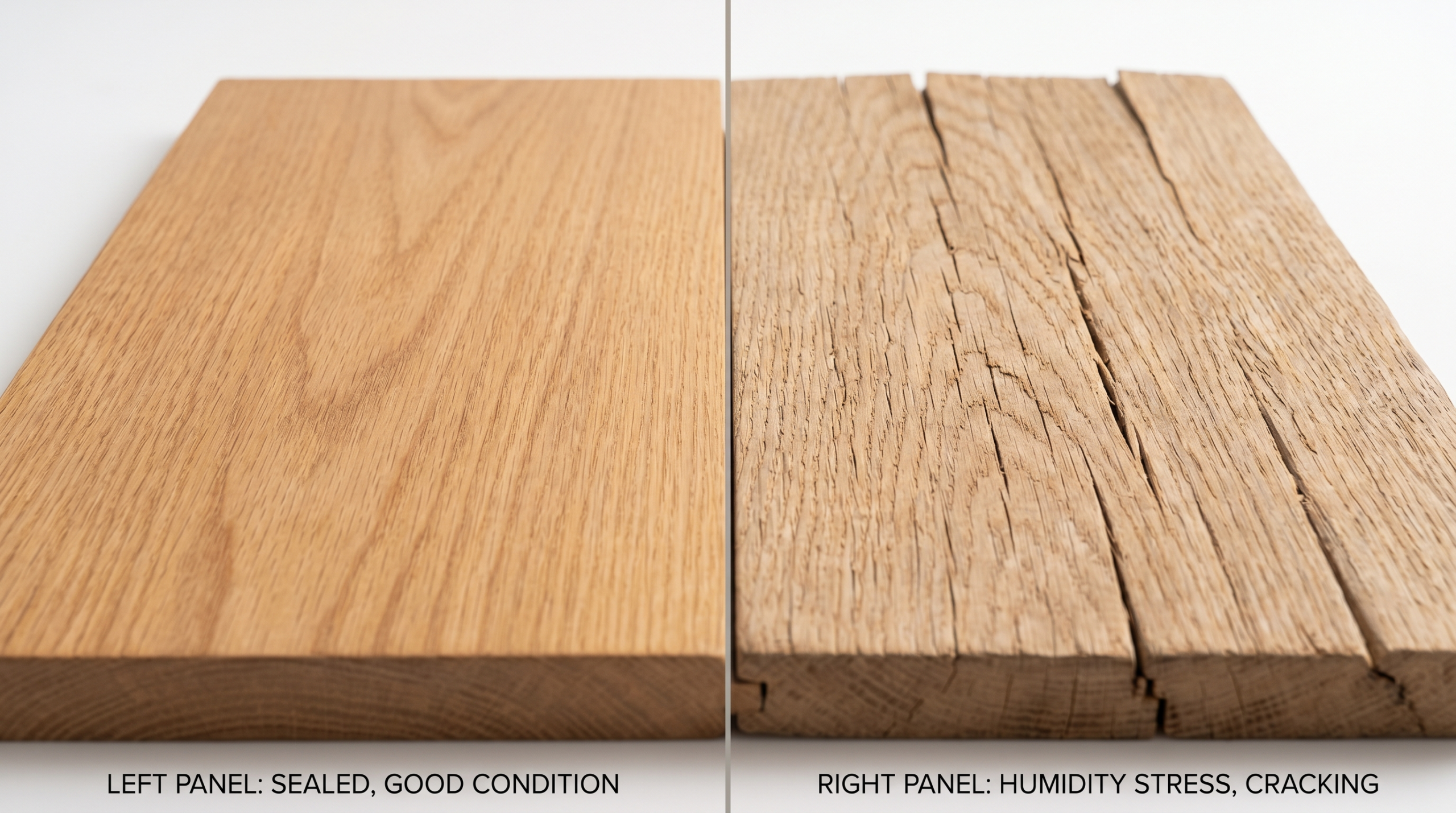 Comparison of sealed versus humidity-damaged oak wood panel showing cracking and grain splitting
