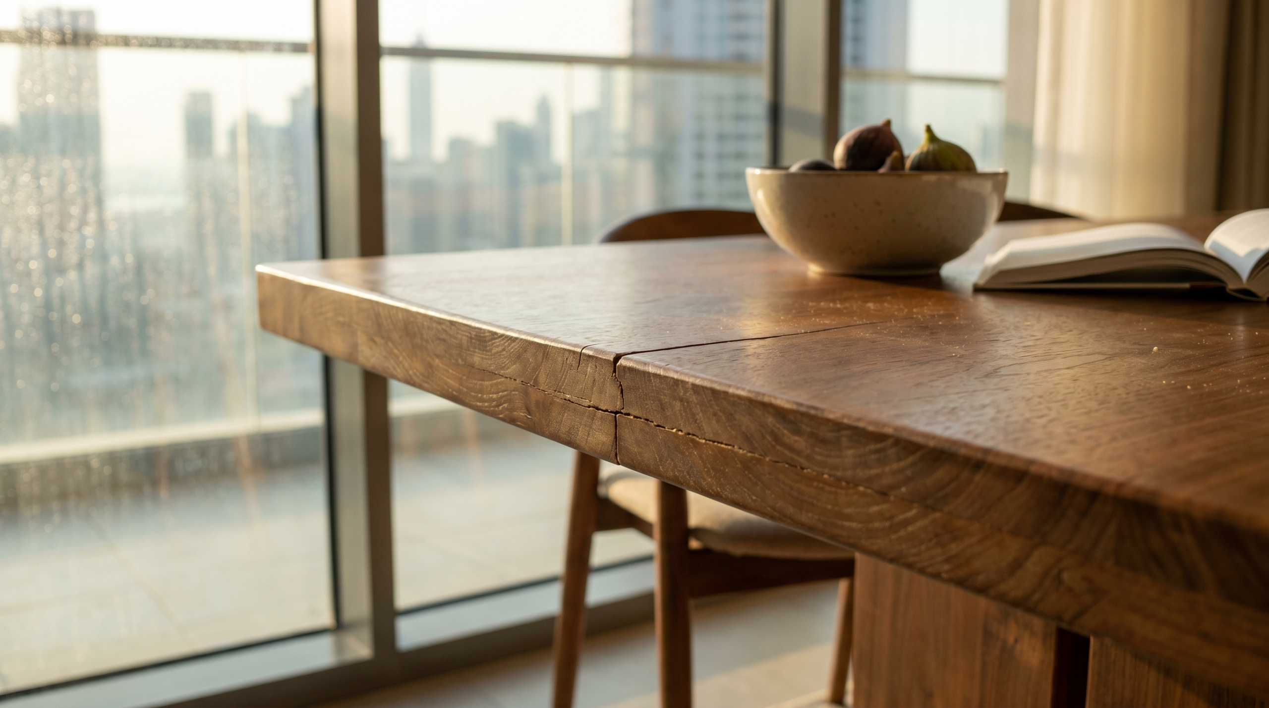 Wood humidity damage UAE, walnut dining table showing grain separation in Dubai apartment