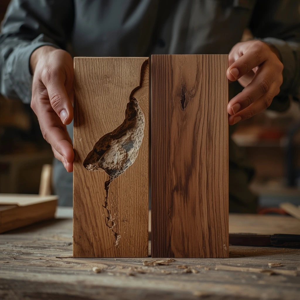 Carpenter comparing wood materials for Dubai climate resistance during carpentry consultation