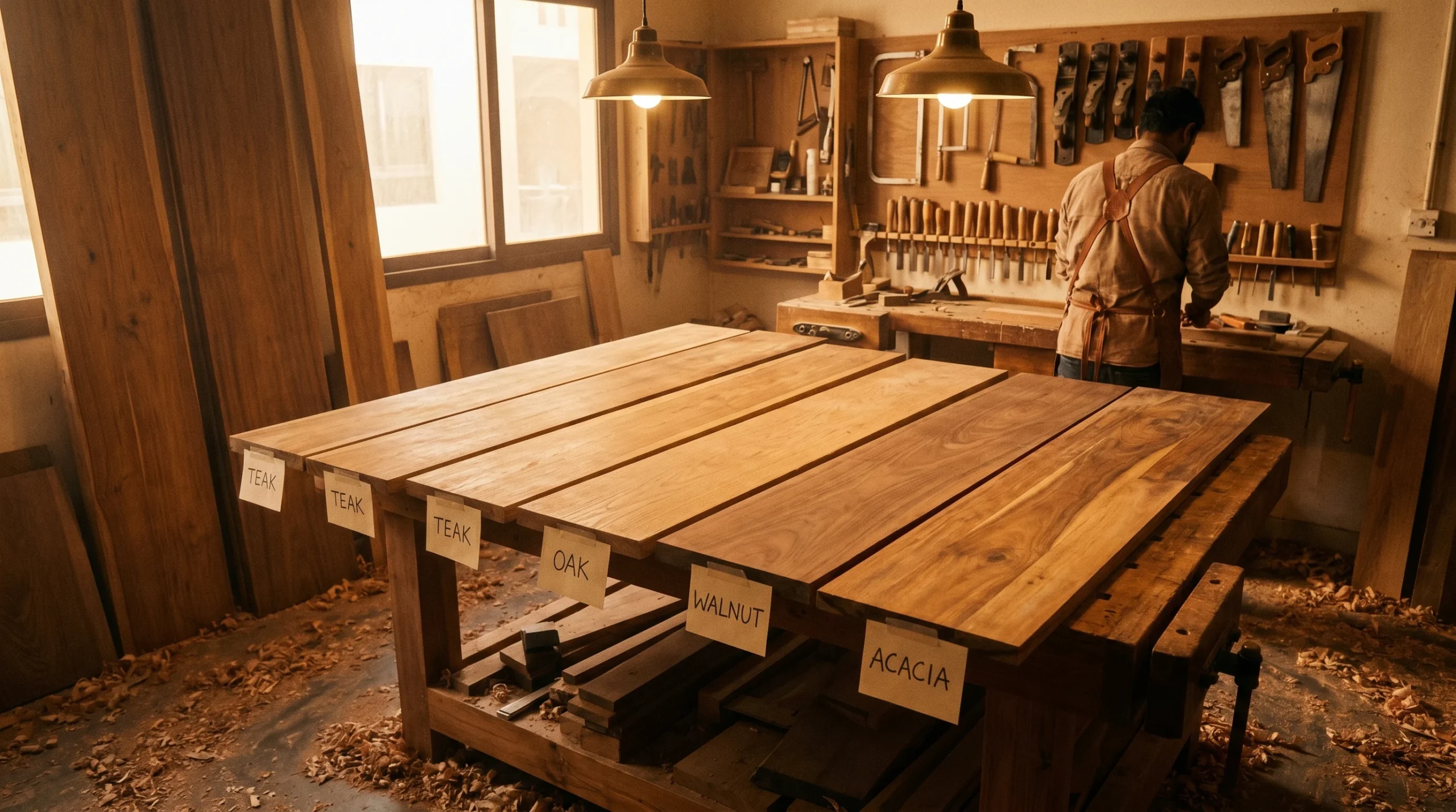 Wood types available for Dubai carpentry projects displayed in a professional workshop