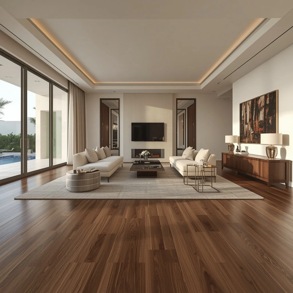 Wooden floor care UAE, pristine walnut hardwood floor in Dubai villa living room