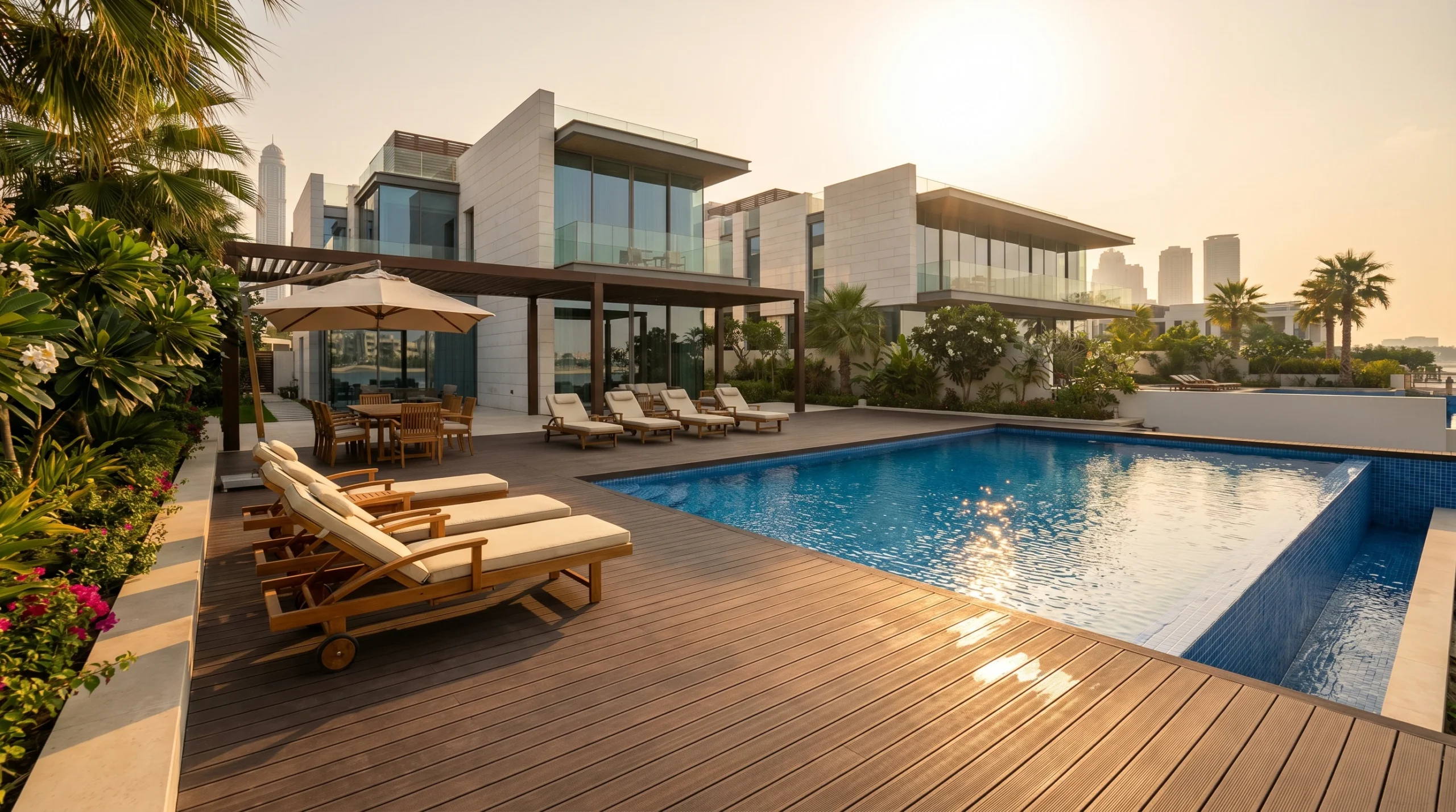 WPC composite decking installed on Dubai villa terrace, showing outdoor carpentry material lifespan in UAE climate