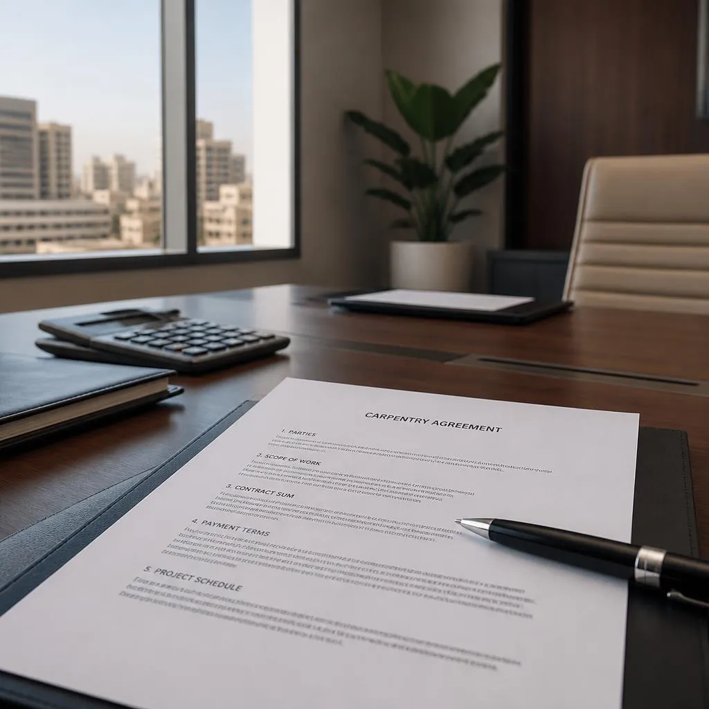 Written carpentry agreement being reviewed and signed in a UAE office