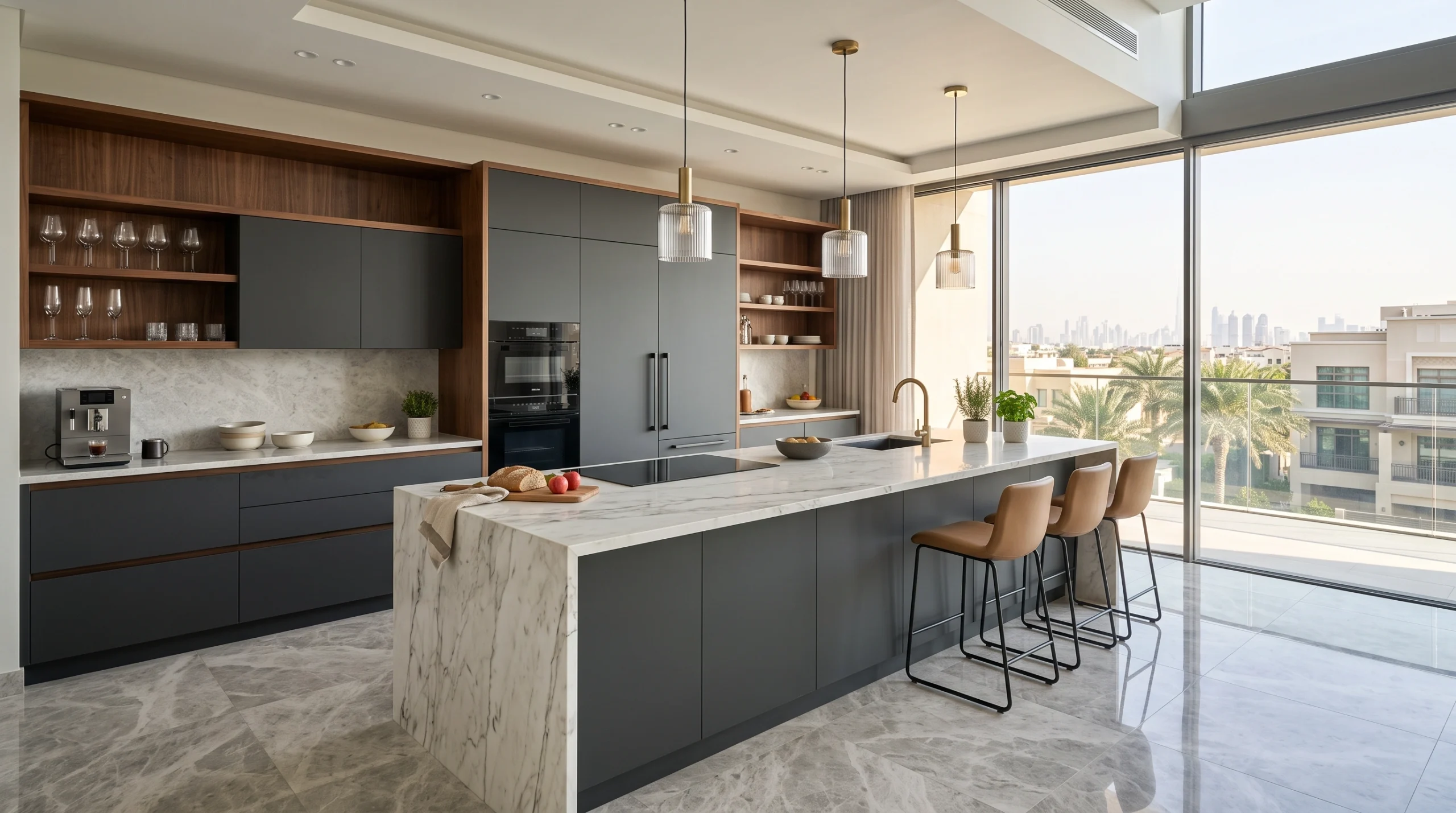Custom kitchen cabinetry with island and soft close drawers in a modern Dubai home