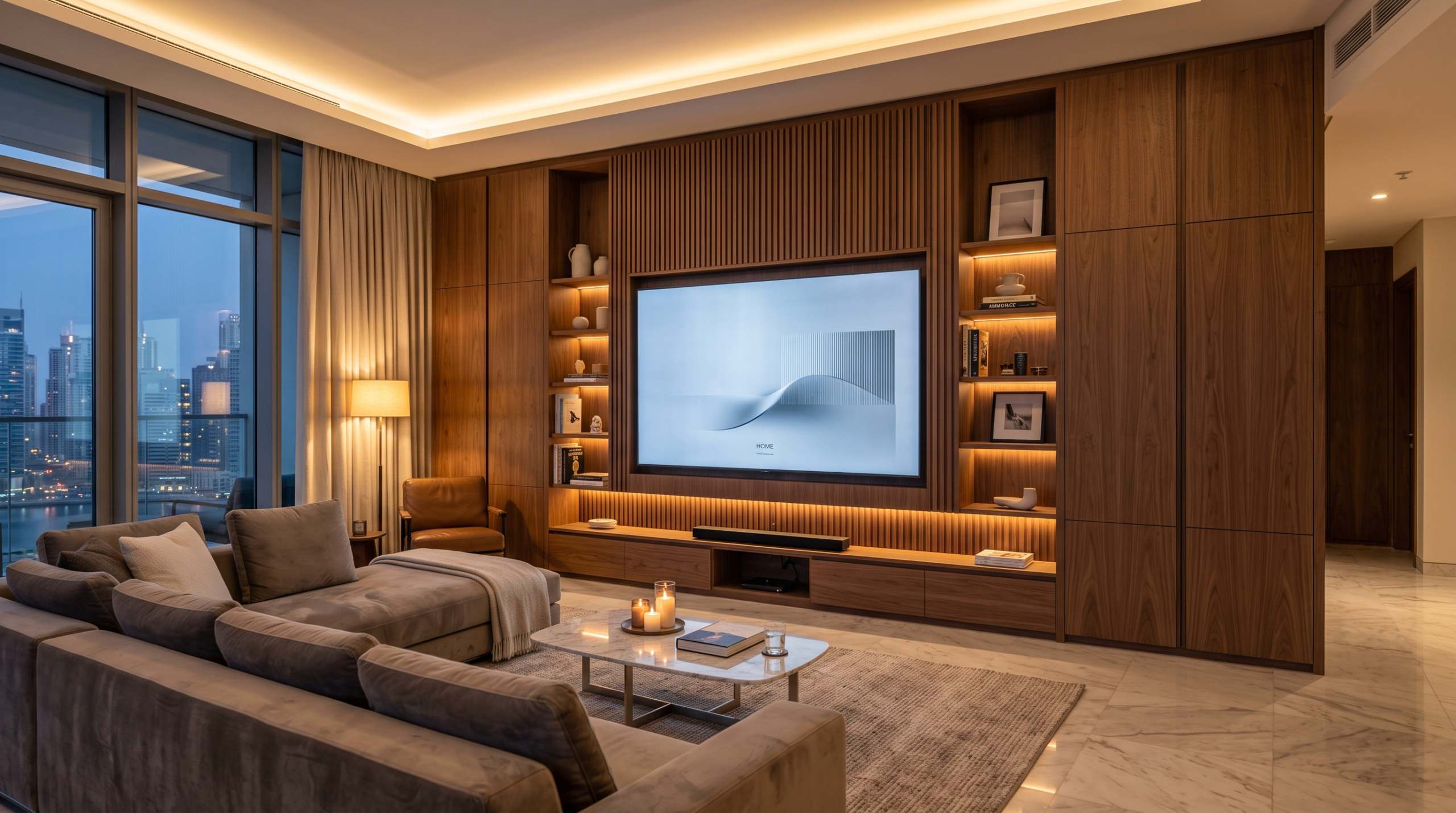 Custom media wall with integrated TV unit and lighting in a modern Dubai living room