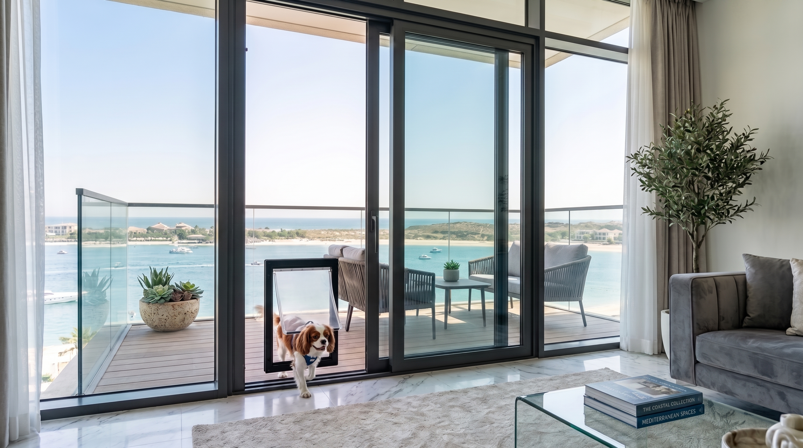 Dog door for sliding glass door Dubai installed in a luxury apartment.