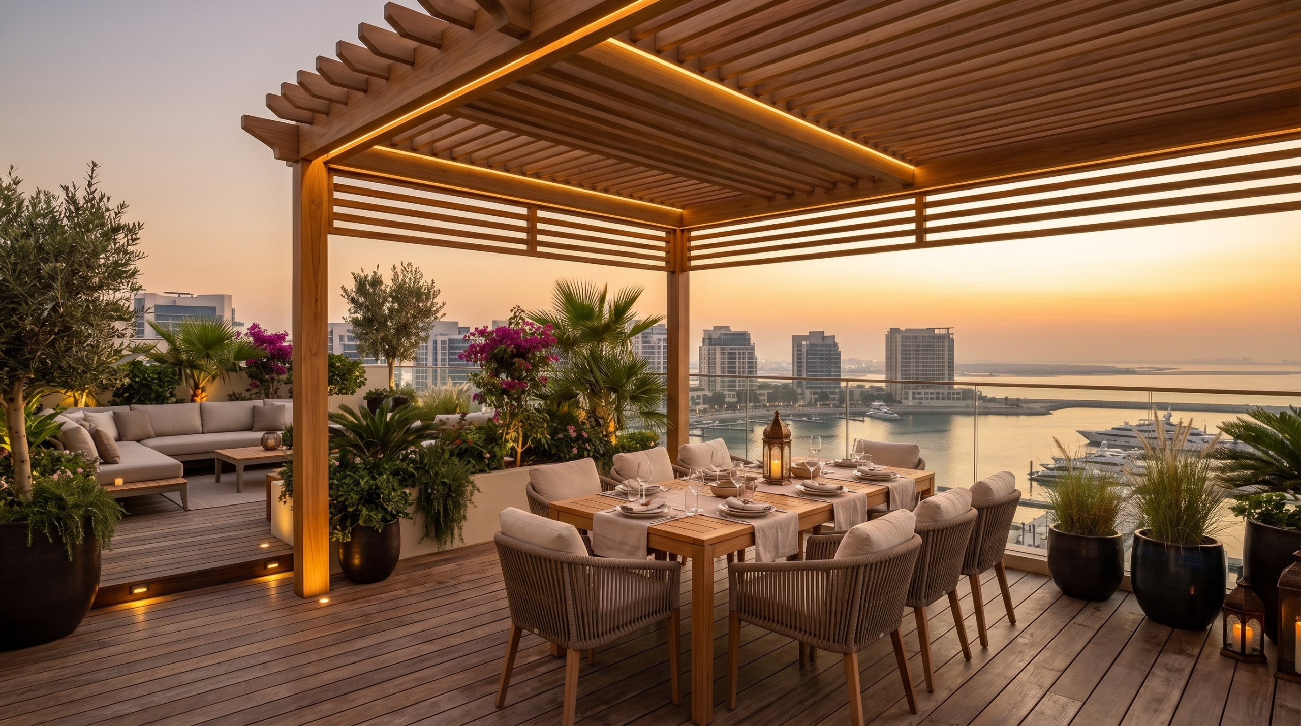 Custom outdoor carpentry Dubai pergola and decking by Karnak Carpentry