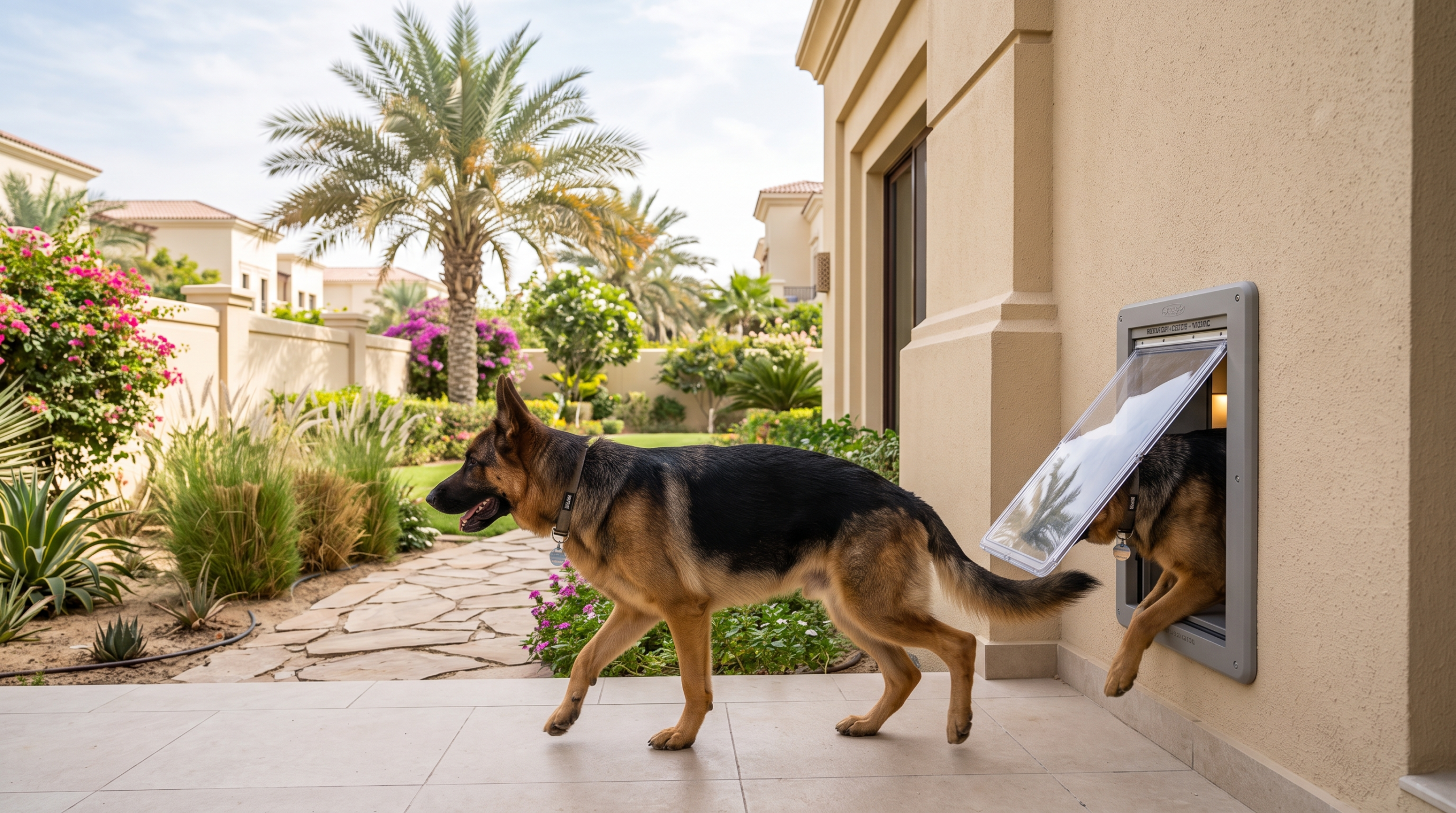Microchip activated pet door installed for security in a Dubai villa