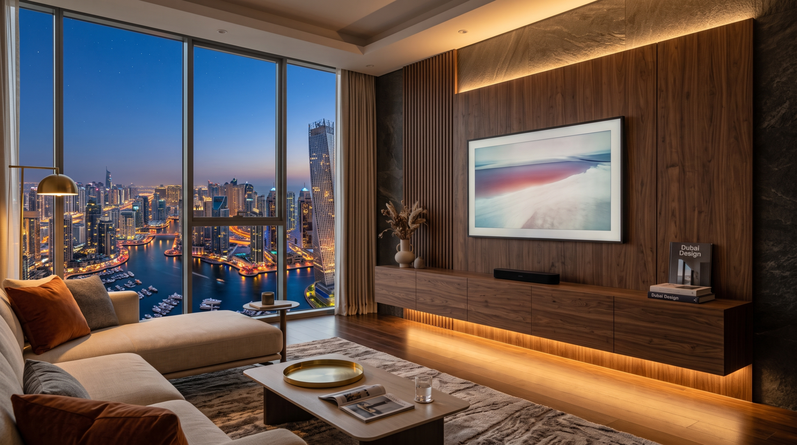 Modern floating TV unit and media wall in Dubai living room