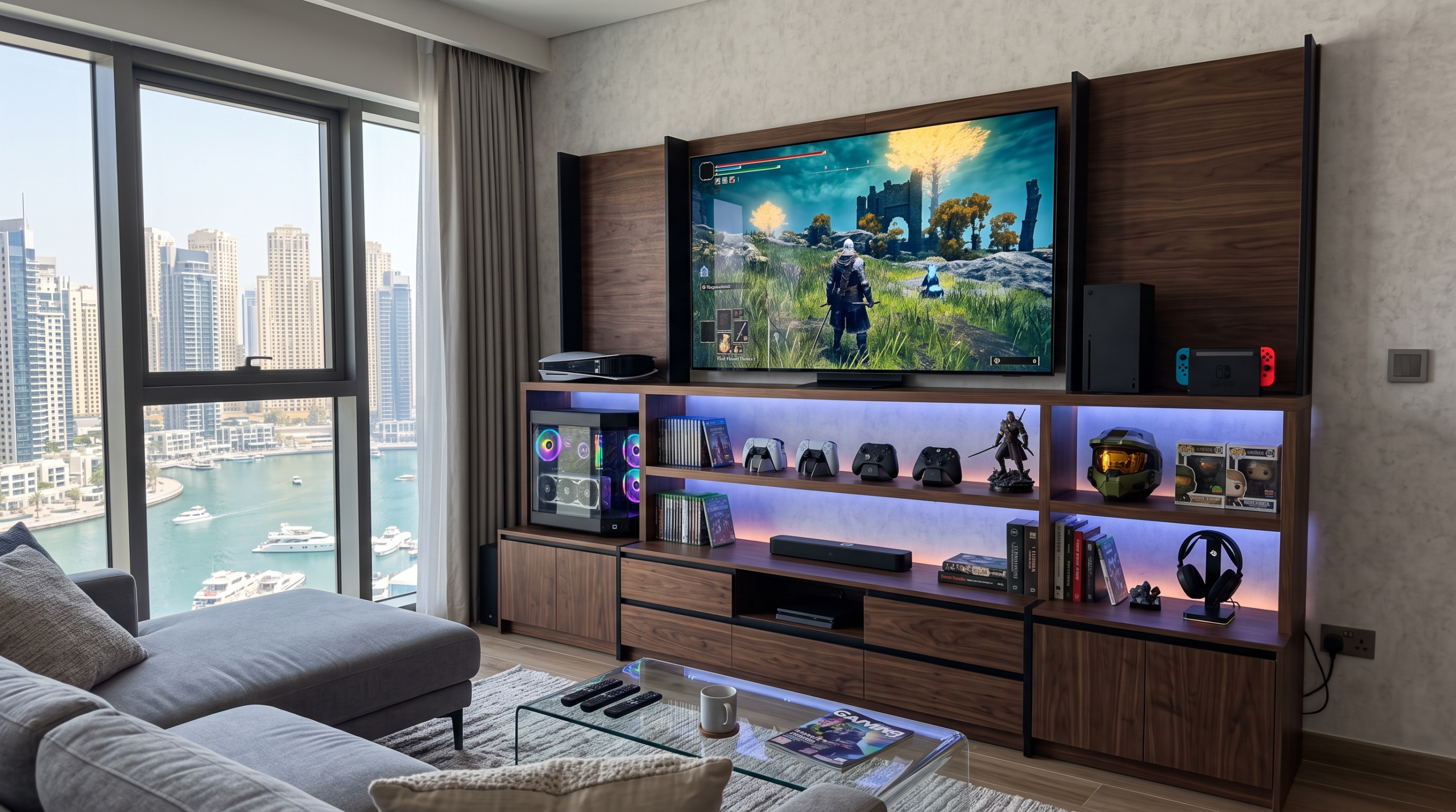Custom gaming media unit with console storage and ventilation in Dubai home