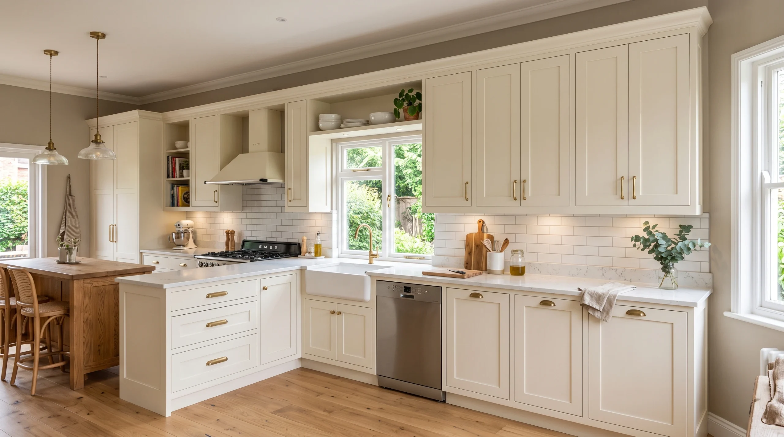 Modern custom kitchen cabinets in a Dubai home with moisture-resistant finishes designed to prevent water damage.