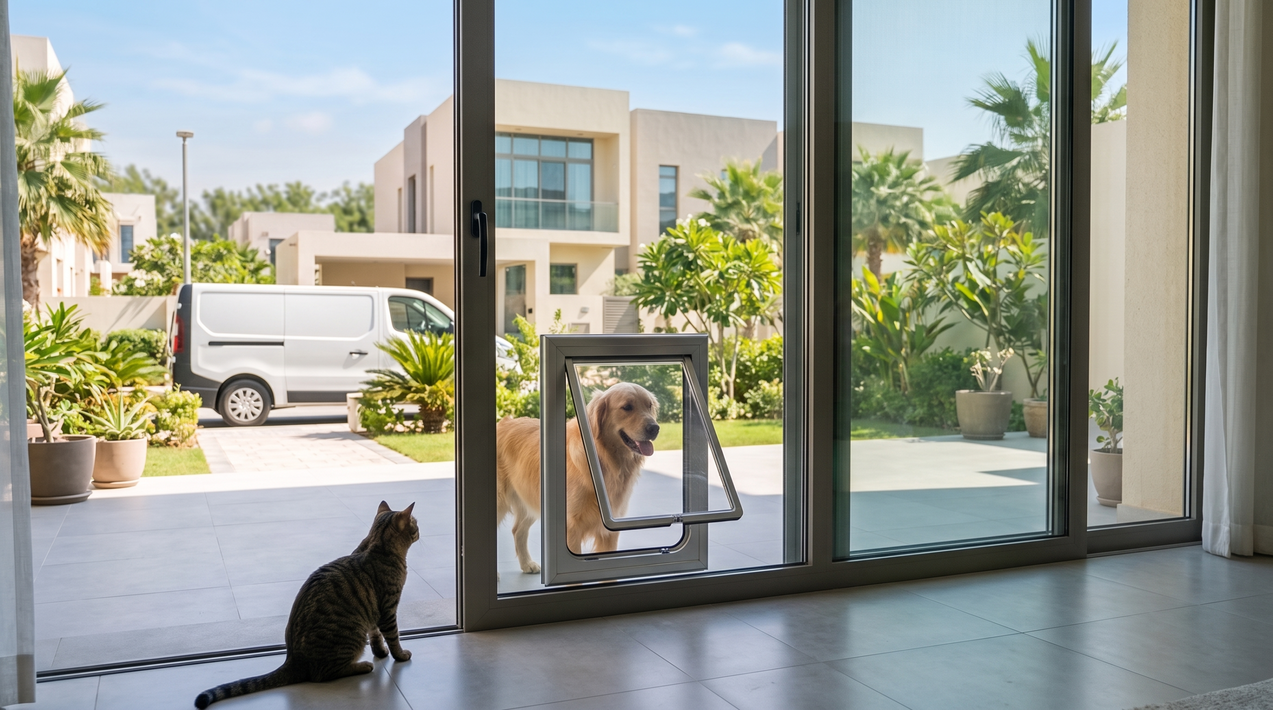 Leading aluminium pet door installation company in Dubai installing a custom dog door.