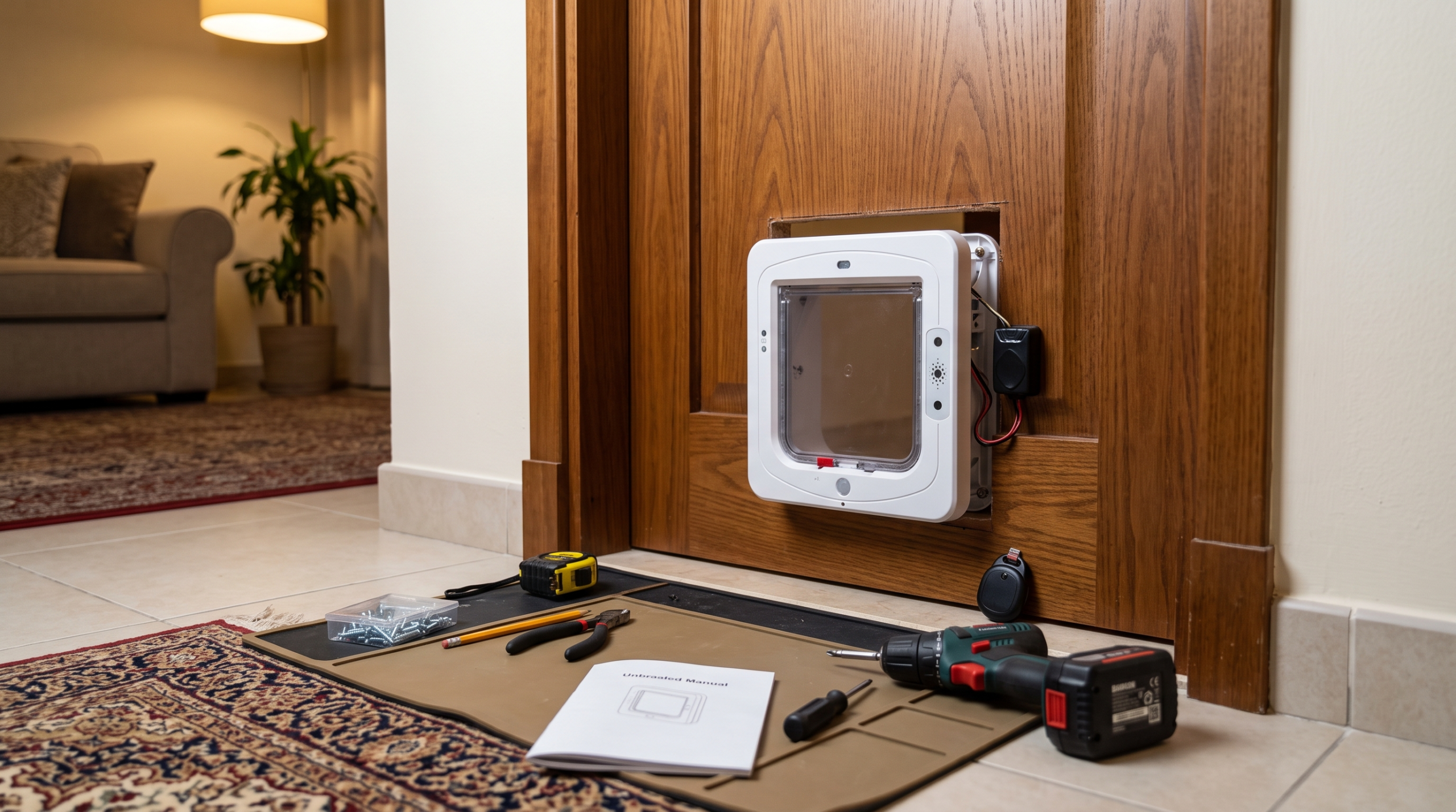 Technician installing an electronic dog door with sensor lock in Dubai home
Title Tag: Electronic Dog Door Installation Dubai