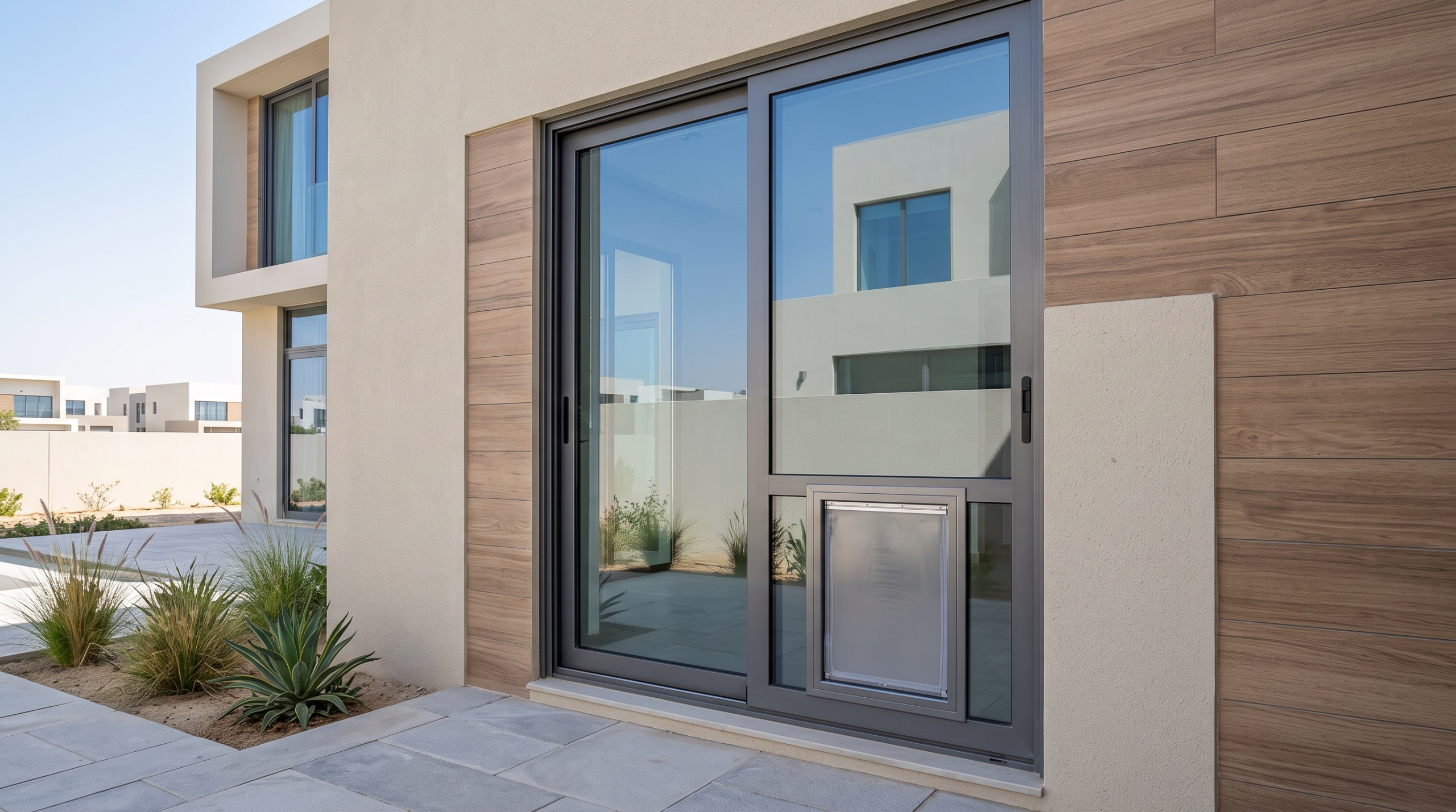 Professional technician installing an aluminium pet door in a modern villa in Dubai.