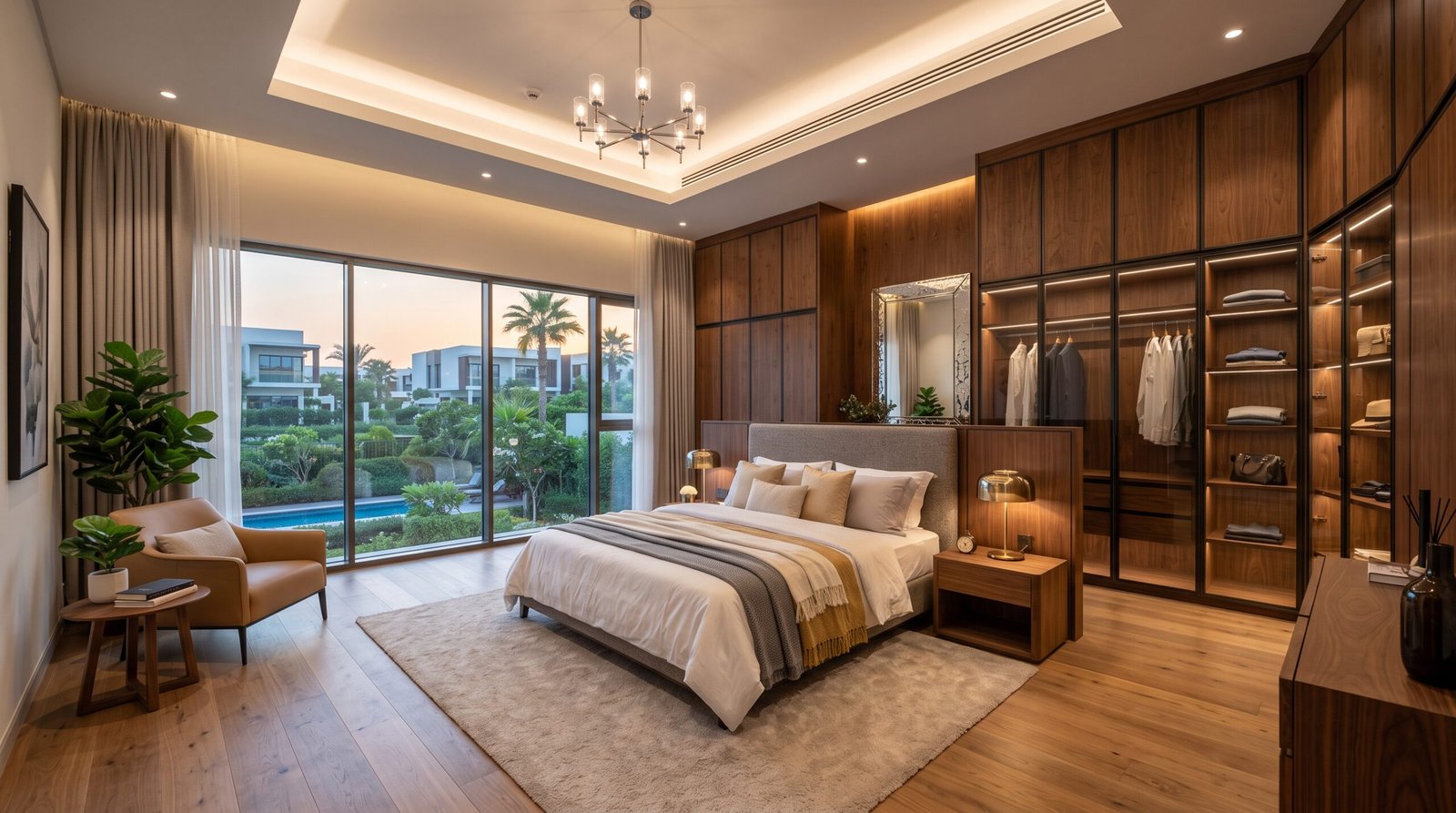 Luxury villa interior in Dubai featuring custom carpentry wardrobes and wood paneling