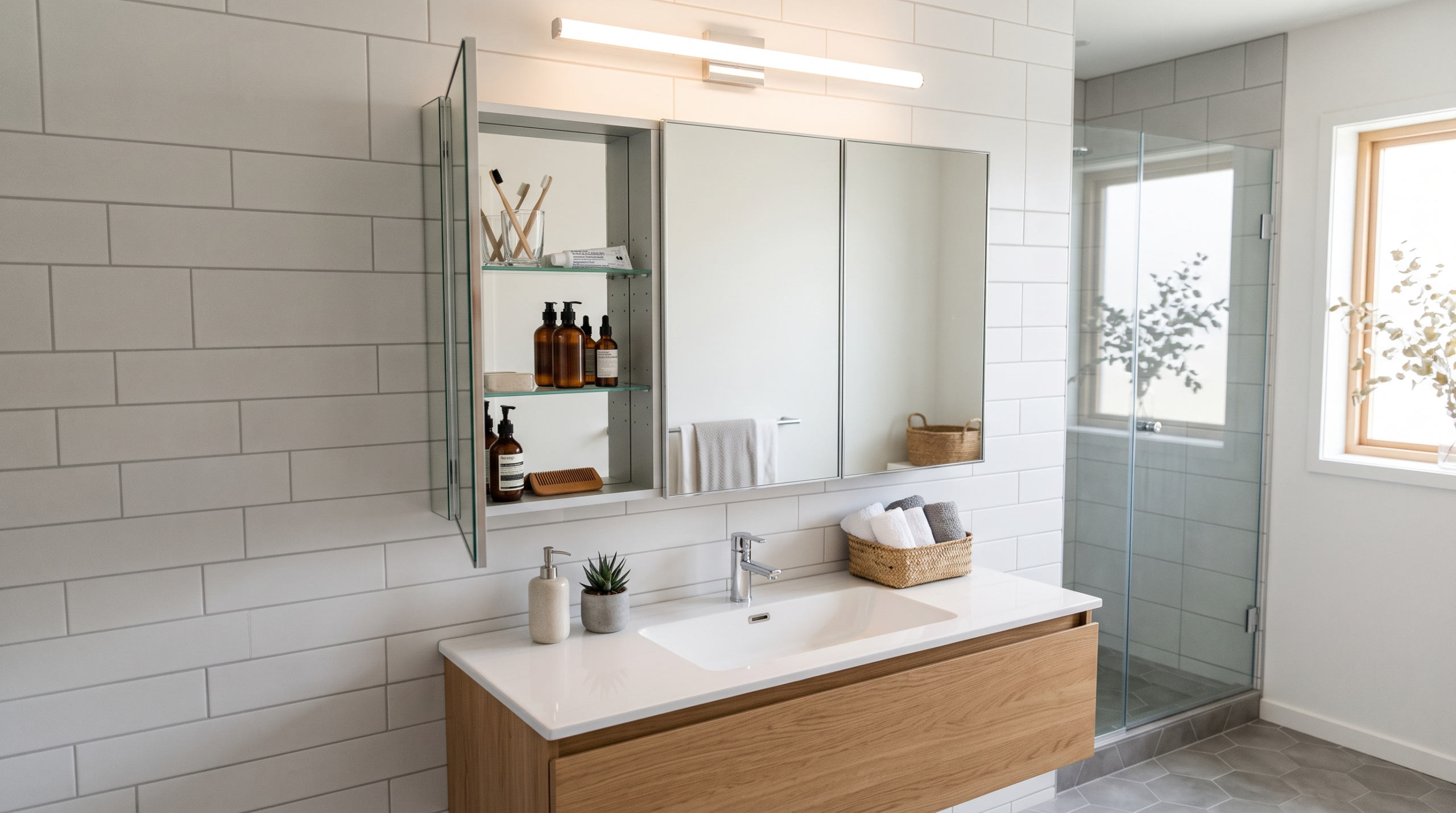 Bespoke bathroom mirror cabinet with LED lighting in Dubai