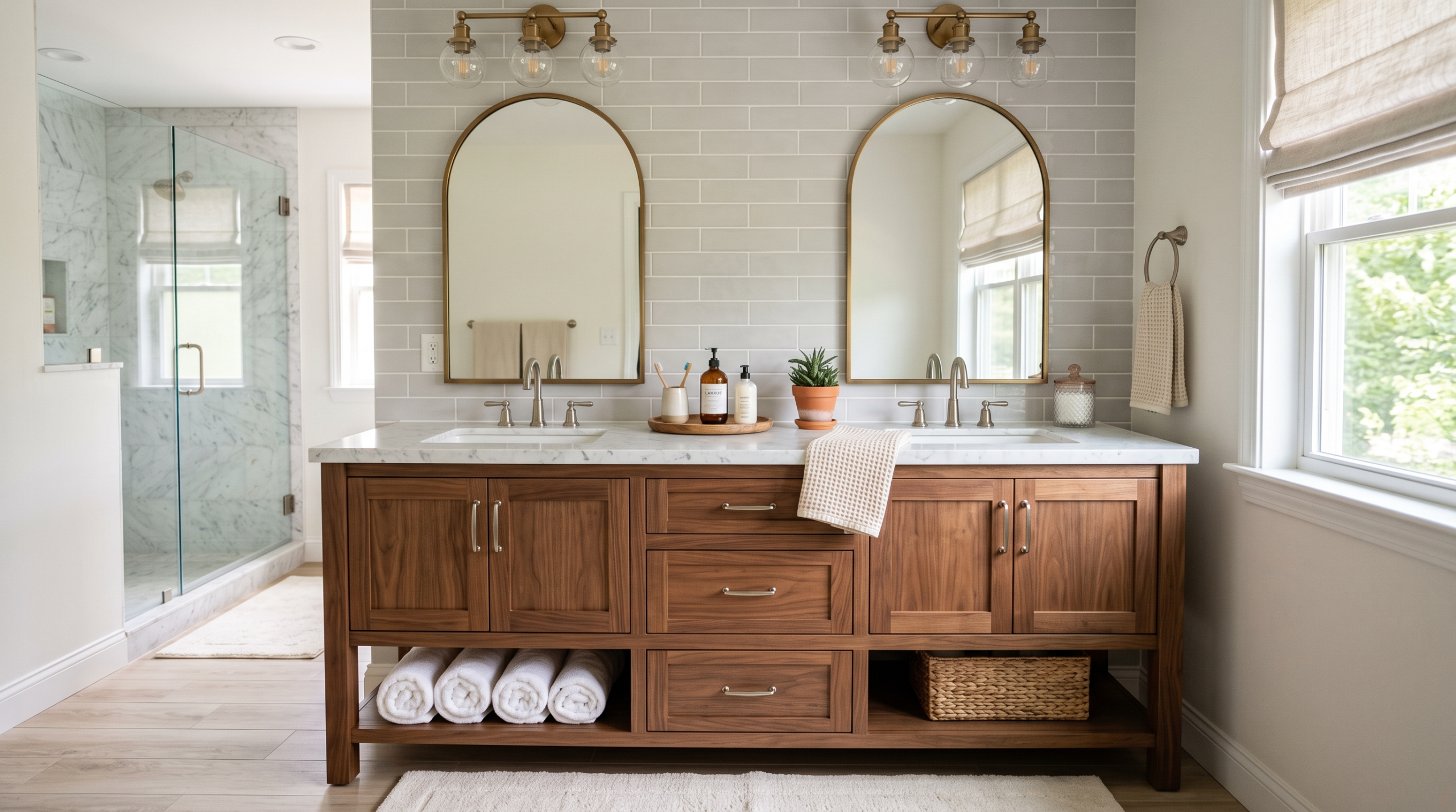 Modern bathroom vanity Dubai with custom carpentry, floating cabinets, quartz countertop, and moisture-resistant finishes for a luxury bathroom remodel Dubai.