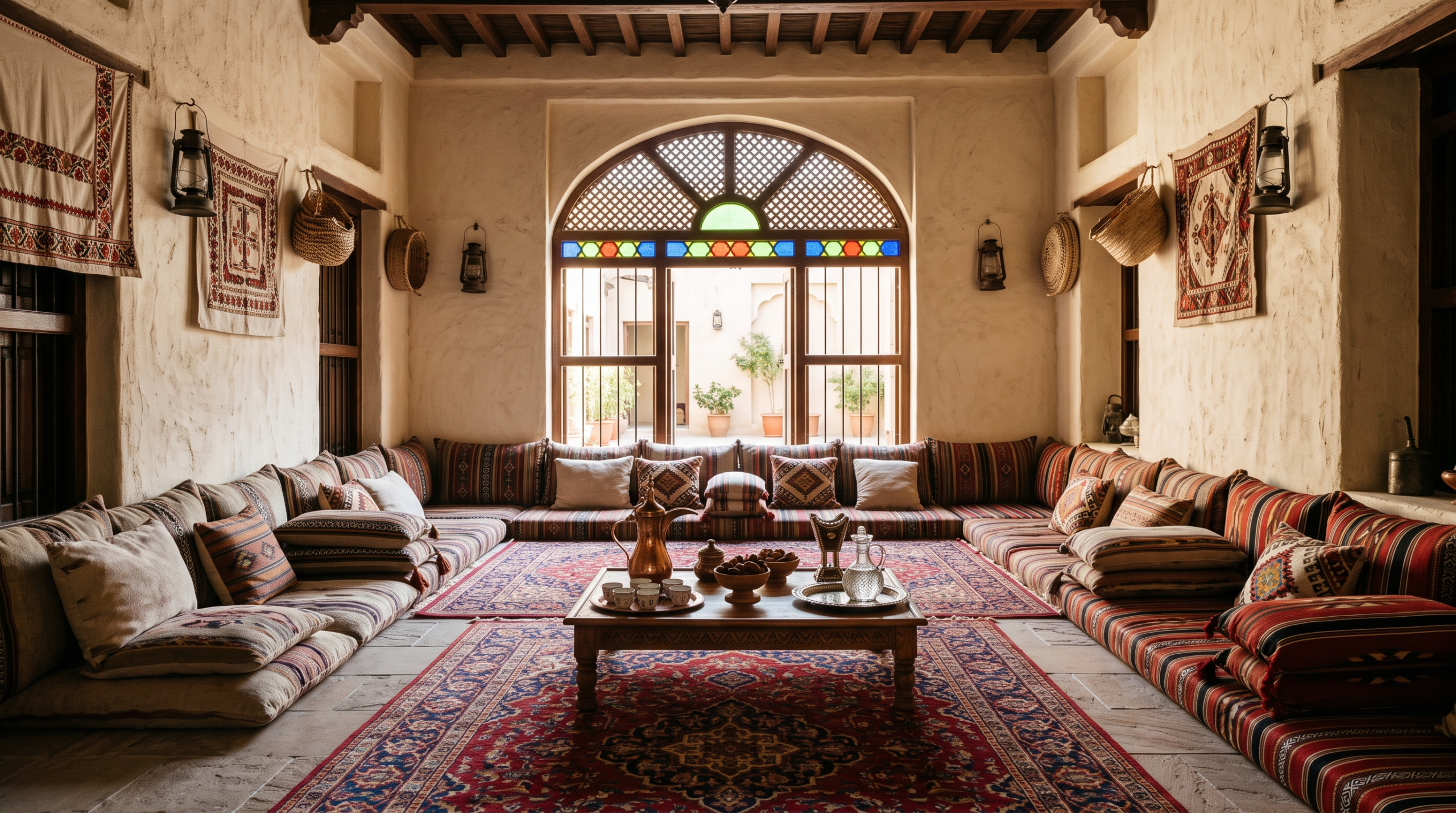 Bespoke majlis furniture in Dubai with built-in cabinets and decorative woodwork