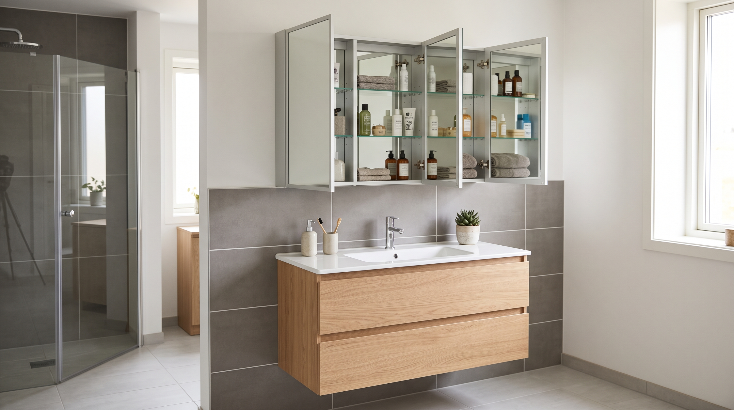 Custom bathroom vanity with modern storage in a Dubai home