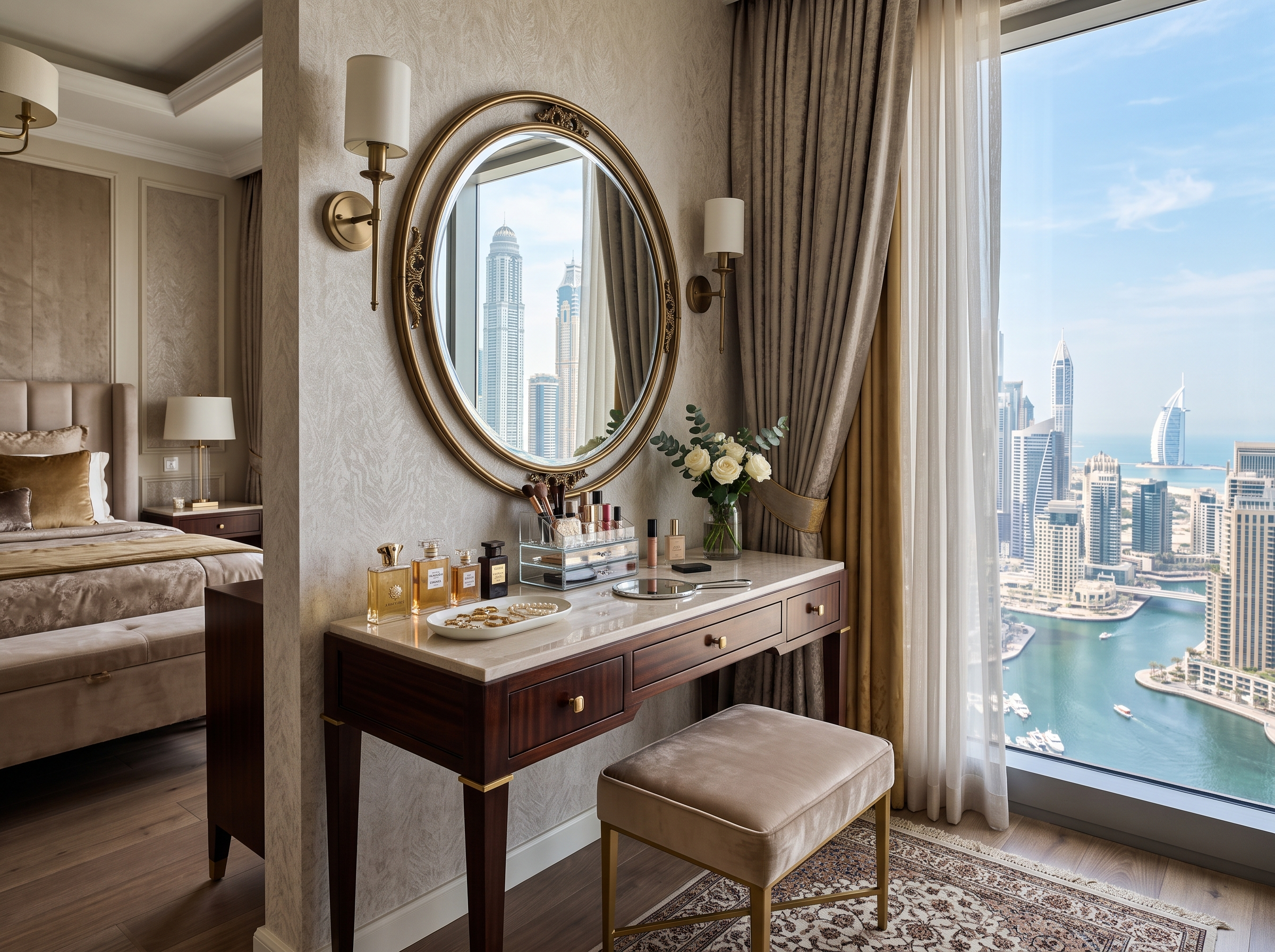 Custom bedroom dressing table with built-in cabinets in a Dubai home