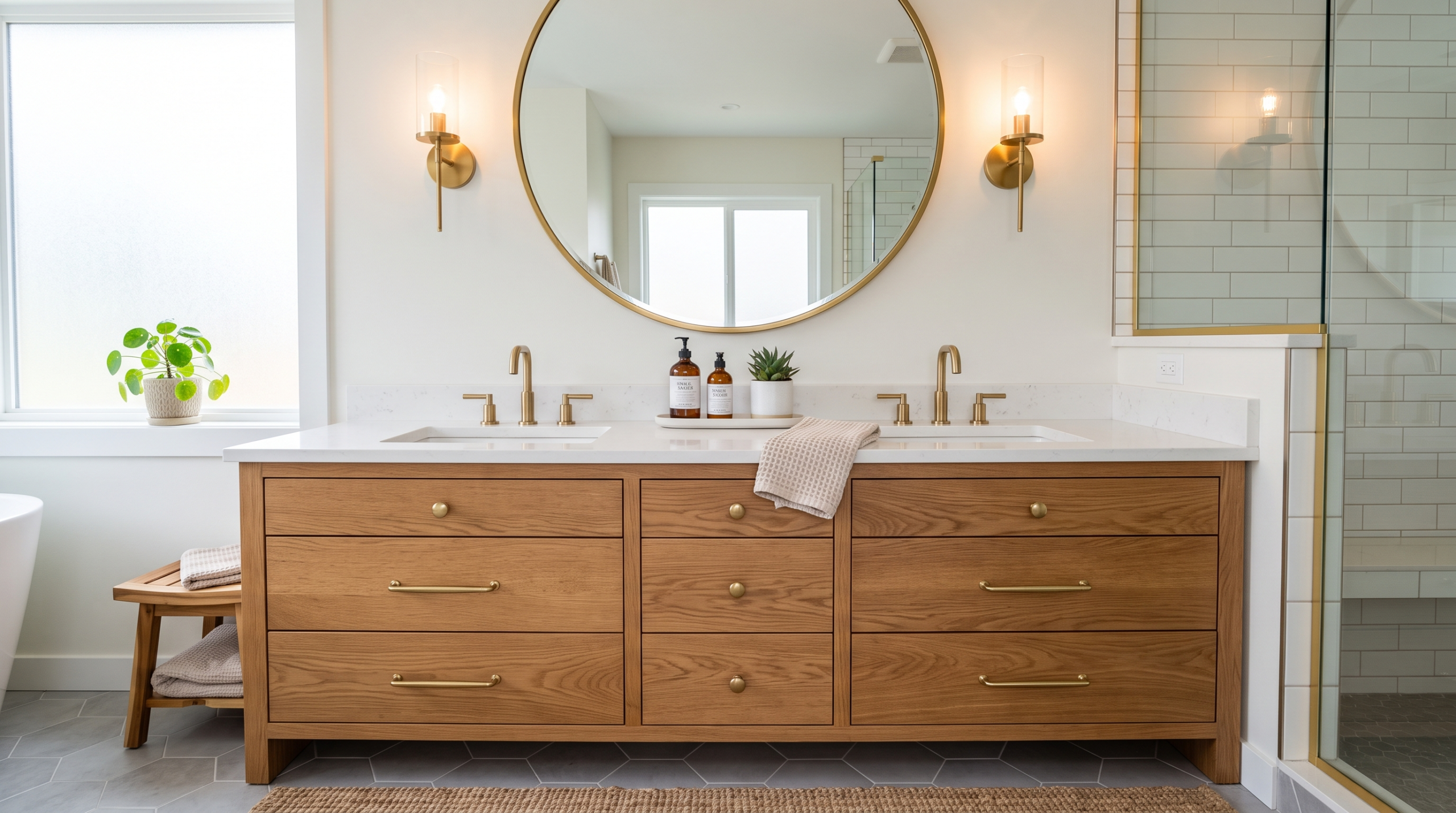 Luxury bathroom remodel Dubai featuring a double-sink bathroom vanity Dubai with bespoke furniture finishes, custom cabinetry, and elegant stone countertops.