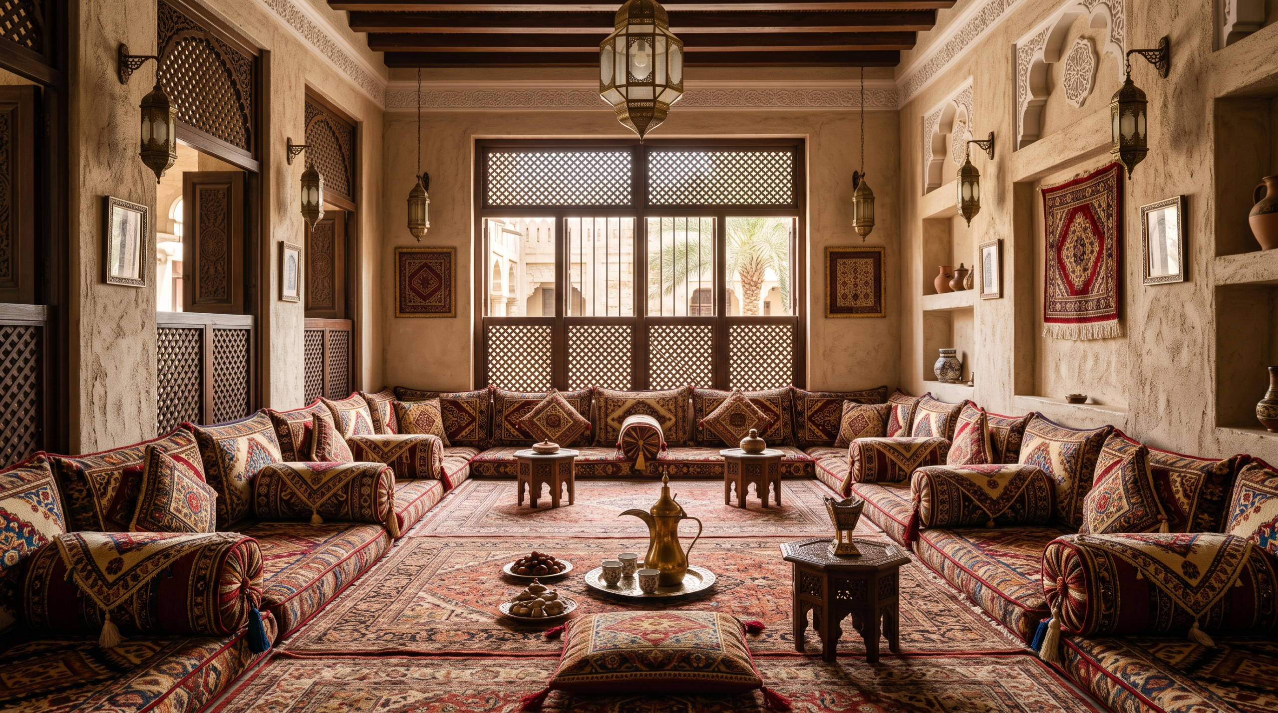 Traditional majlis design in Dubai with bespoke furniture and custom woodwork