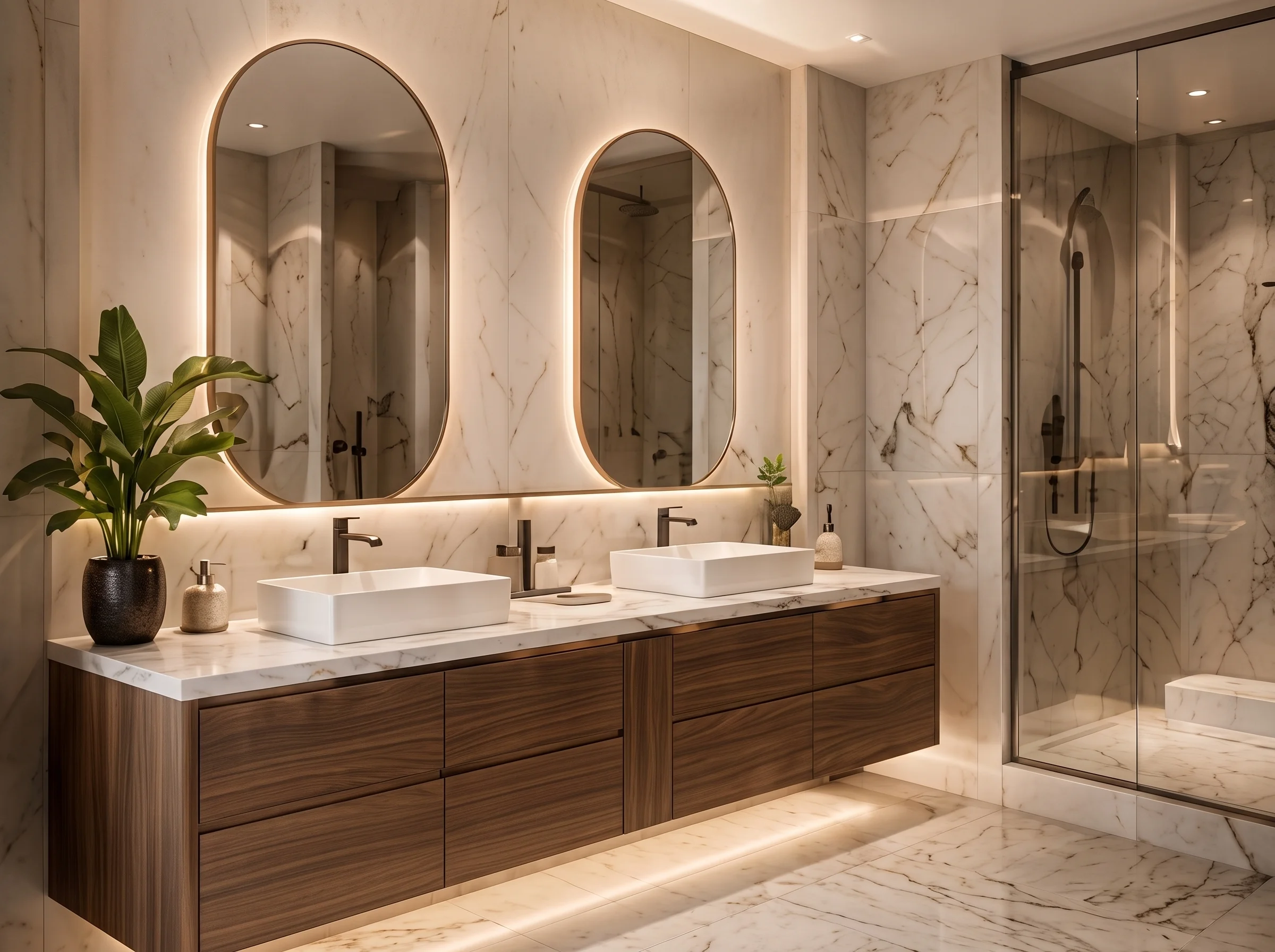 Custom bathroom vanity with double mirrors in Dubai
